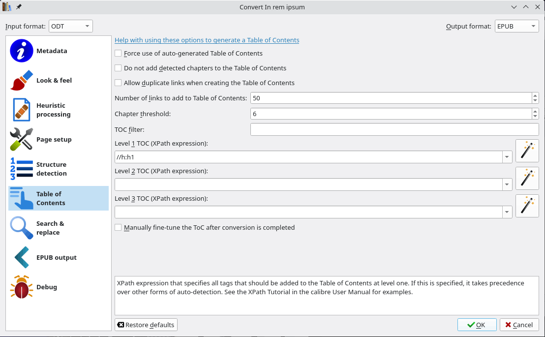 The chapters of the TOC are configured.