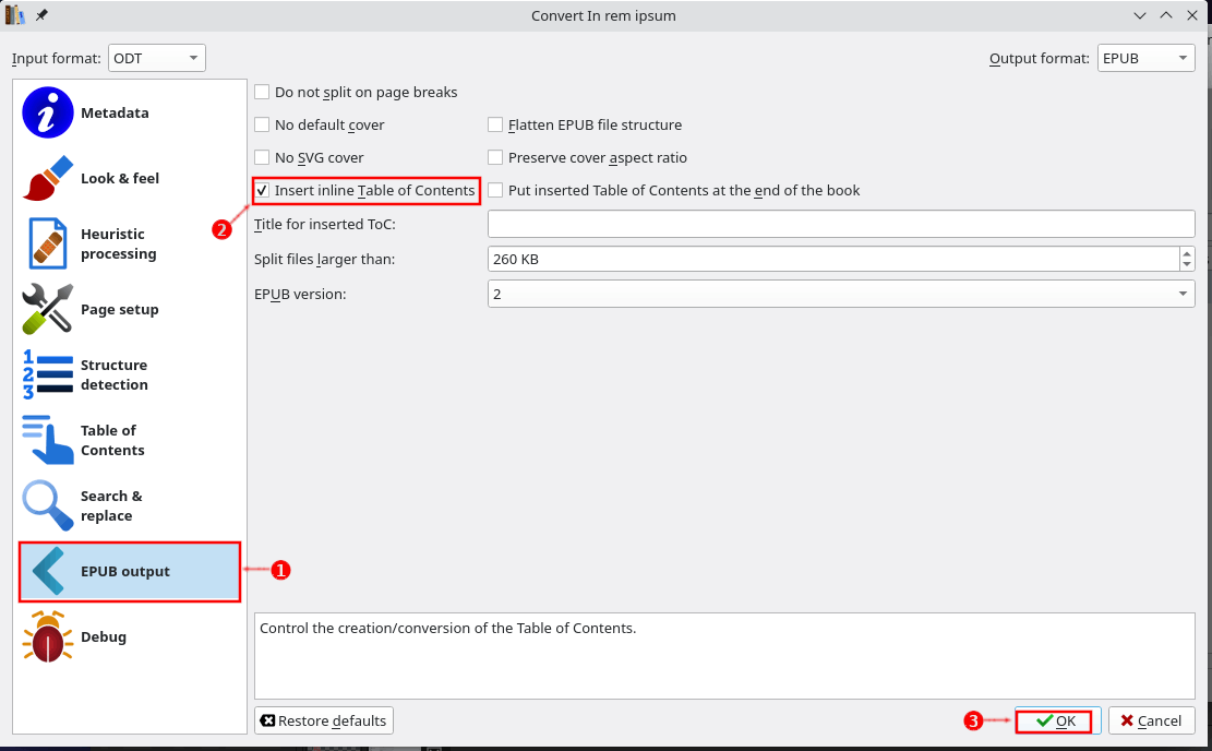 Activate the TOC and start the conversion.