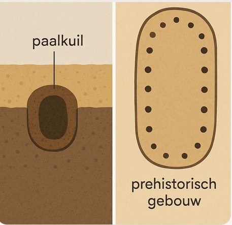 Reconstructie van een paalkuil en een plattegrond van een prehistorisch gebouw gebaseerd op paalkuilen.