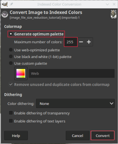 The Indexed Color Conversion menu.