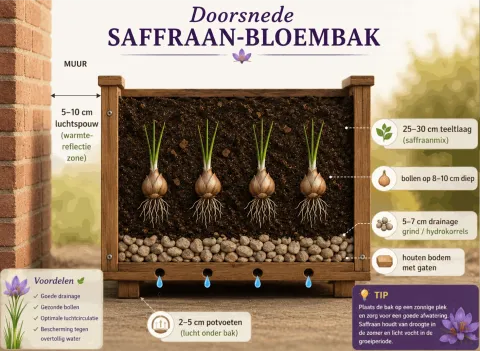 Doorsnede van een saffraan-bloembak tegen een zonnige muur.