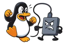 Tux locked in a comical showdown with a stubborn USB disk! 